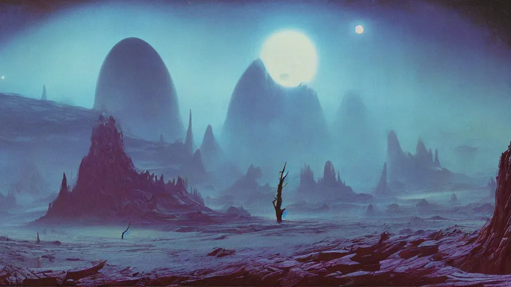 Prompt: otherworldly atmosphere of an evolving alien planet by arthur haas and bruce pennington and paul lehr, cinematic matte painting