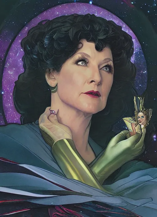 Image similar to a painting of majel barrett as lwaxana troi, space empress. beautiful art by artgerm and greg rutkowski and alphonse mucha