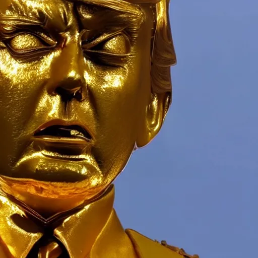 Image similar to donald trump golden statue starting to melt, drips of molten metal ground angle, uhd 8 k, sharp focus