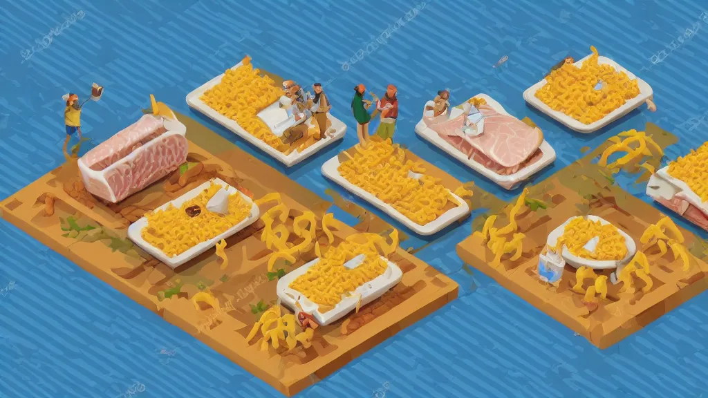 Image similar to mac and cheese humble isometric tuna village / city setting