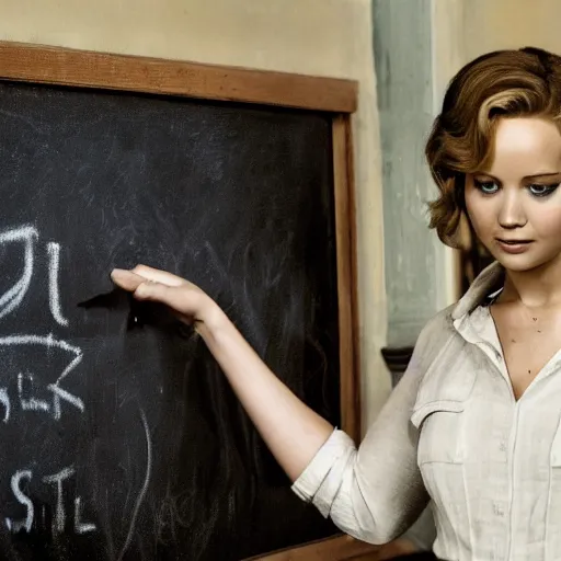 Prompt: the first still from the professor, directed by joseph goebbels, shows jennifer lawrence at a chalkboard, 4 k