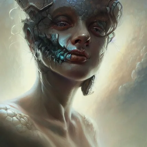 Image similar to closeup portrait shot of death of the endless, thick fancy makeup, highly detailed, digital painting, artstation, concept art, soft focus, depth of field, artgerm, tomasz alen kopera, peter mohrbacher, donato giancola, joseph christian leyendecker, wlop, boris vallejo