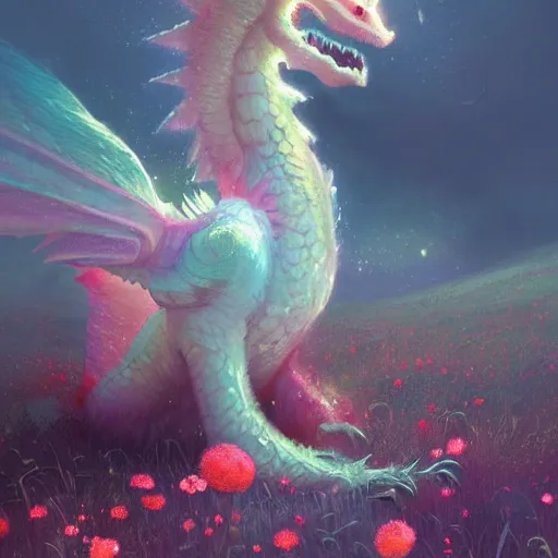 Image similar to beautiful digital fantasy illustration of a closeup adorable giant fluffy feathered sparkling pearlescent pastel dragon! sitting alone in a flower meadow, concept art by greg rutkowski, anato finnstark, and rebecca guay, highly detailed, soft lighting, rendered in octane