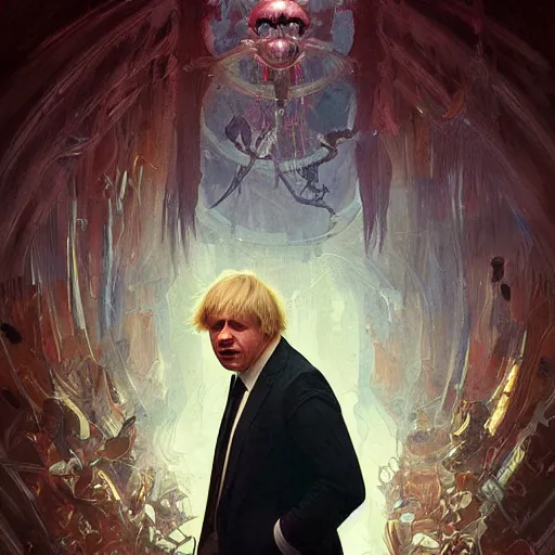 Prompt: portrait of Boris Johnson as a Stranger Things villain, sinister, intricate, headshot, highly detailed, digital painting, artstation, concept art, sharp focus, illustration, art by artgerm and greg rutkowski and alphonse mucha