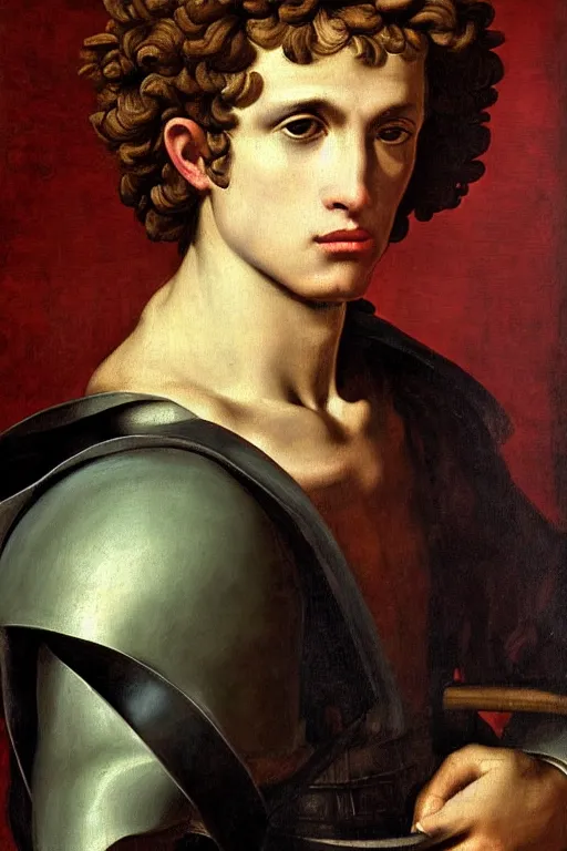 Image similar to renaissance painting of man, short curly hair, evil face, emotions closeup, dressed in roman armour, the beautiful garden with leaves, ultra detailed, art by Guido Reni style, Vincenzo Catena style