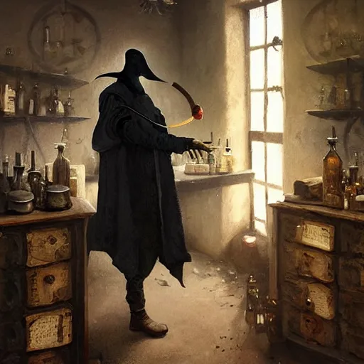 Image similar to plague doctor working in medieval apothecary, magical alchemy laboratory, oil painting, by Greg Rutkowski