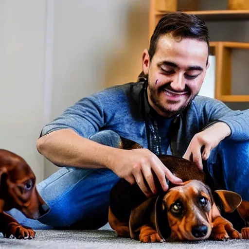 Image similar to award winning photograph, an argentinian playing fortnite with a dachshund, fruit around him, indoor, fun, friendly