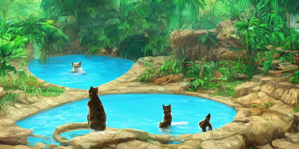 Image similar to swimming pool in the middle of the jungle a cat and a dog playing around , empty beach chair , highly detailed, digital painting, artstation, concept art