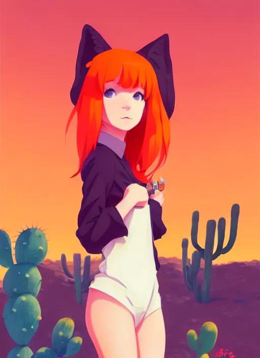 Image similar to portrait of cute redhead foxgirl in orange jumpsuit with fox ears by ilya kuvshinov, holding a cactus, cloudy sky background lush landscape illustration concept art anime key visual trending pixiv fanbox by wlop and greg rutkowski and makoto shinkai and studio ghibli