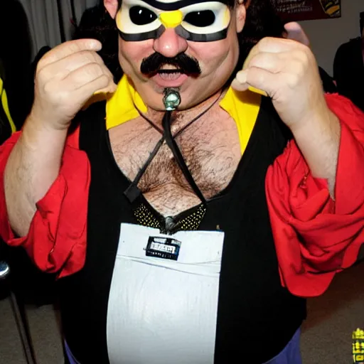 Prompt: Full-Cosplay Wario, played by Ron Jeremy, 2011 Comic-Con, blog-photo