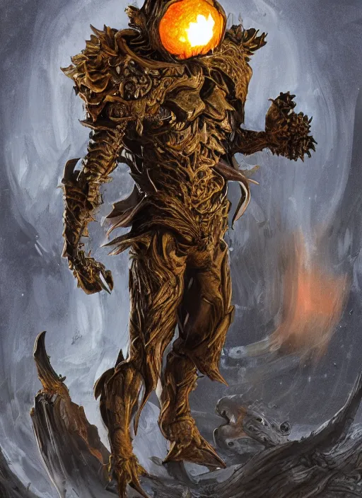 Image similar to powerful male pumpkin, willem dafoe as pumpkinhead, oz, full body character concept, covered in full metal armor, art nouveau, super powers, fantasy, intricate, elegant, highly detailed, digital painting, artstation, concept art, shining, sharp focus, illustration, art by stanley lau