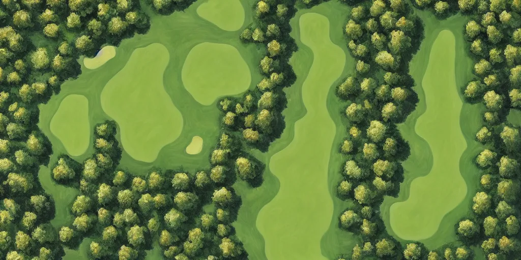 Prompt: top down oil painting of a 18 hole golf course layout, there is water all around, many bushes and trees, minimalistic, flat, high res