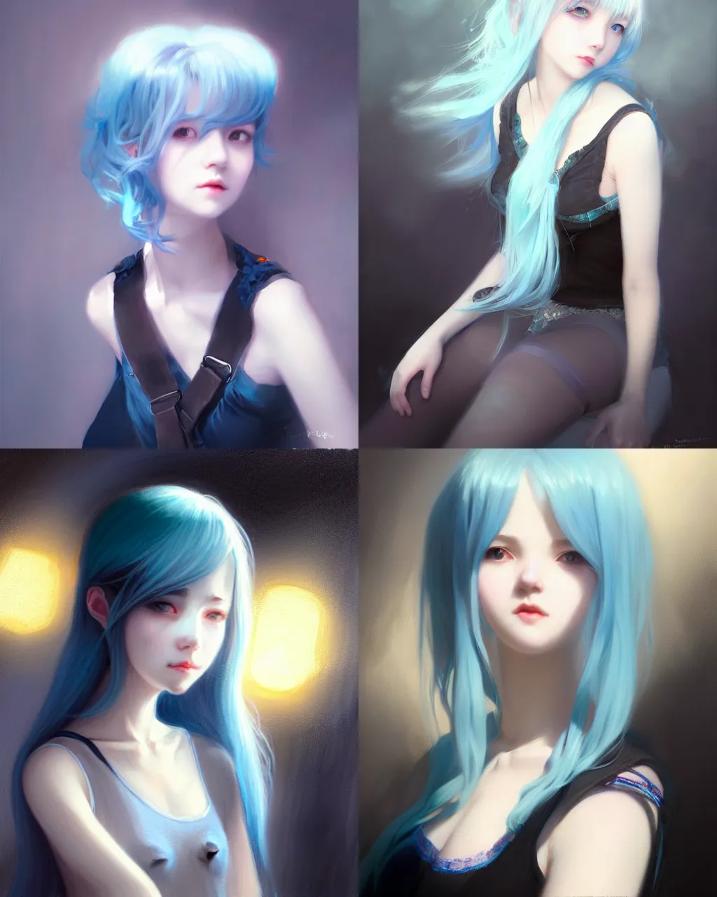 Prompt: girl with light blue hair and black lace suspenders, portrait, illustration, rim light, top light, perfectly shaded, soft painting, art by krenz cushart and wenjun lin