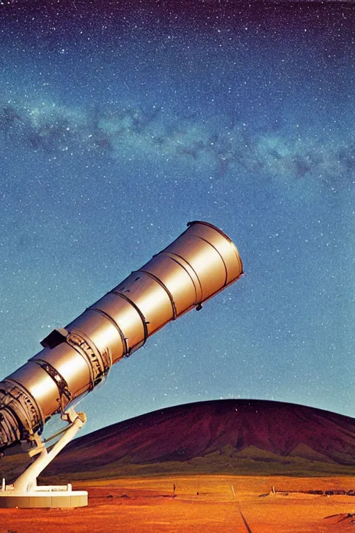 Prompt: huge telescope on mauna kea, big telescope in front, starry sky in background, blue color scheme, wide - angle lens, by hasui kawase, ukiyoe