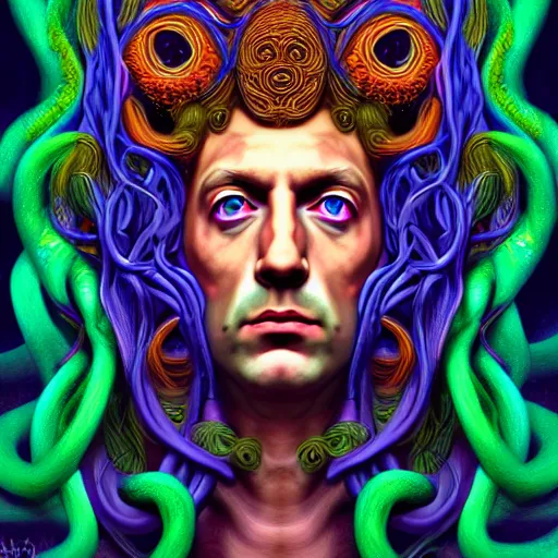 Prompt: an extremely psychedelic portrait of aleistercrowley as medusa, surreal, lsd, face, detailed, intricate, elegant, lithe, highly detailed, digital painting, artstation, concept art, smooth, sharp focus, illustration