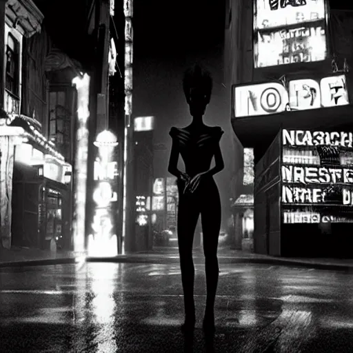 Prompt: noir cinematic portrait of bride of frankenstein as a replicant in a busy street at night, sleepy, frightened and angry, still from the movie ex machina, a neon sign is in the background