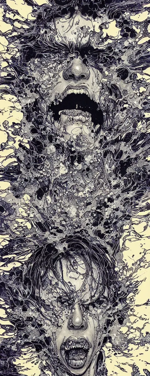 Image similar to closeup of face melting in agony, inside dark oil, frontal picture, by yoichi hatakenaka, masamune shirow, josan gonzales and dan mumford, ayami kojima, takato yamamoto