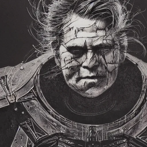 Image similar to Yoshitaka Amano realistic illustration of jeb bush ,hair fluttering in the wind, cracks on his face wearing Elden ring armour with engraving, abstract black and white patterns on the background, noisy film grain effect, highly detailed, Renaissance oil painting, weird portrait angle, blurred lost edges, three quarter view