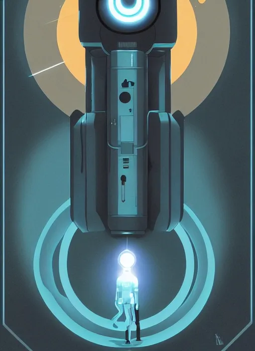 Image similar to poster artwork by Michael Whelan and Tomer Hanuka, of a product poster of the Portal Gun, from the game Portal 2, from Valve, Aperture Science, clean