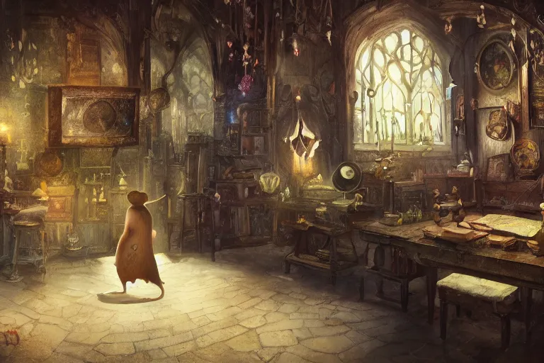 Image similar to A mouse in a Gothic atelier, oil painting, detailed, colorful, 4k, dimly lit, in the style of Yanjung Chen and Tom Bagshaw