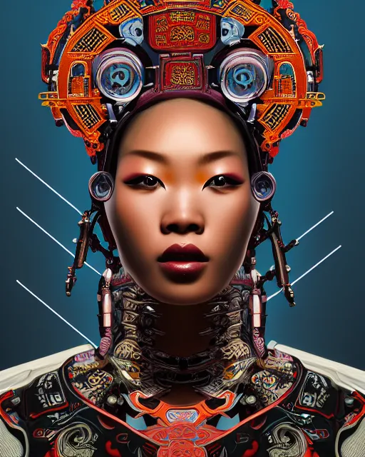 Prompt: portrait of a cyberpunk machine, machine face, upper half portrait, decorated with chinese opera motifs, african! fine china, traditional chinese art, intricate, elegant, highly detailed, symmetry, headpiece, digital painting, artstation, concept art, smooth, sharp focus, illustration, art by artgerm and greg rutkowski and alphonse mucha, 8 k