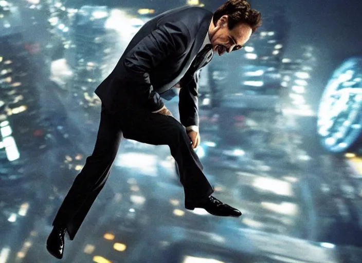 Image similar to film still of Robert Downey Jr as Cobb with the world bending as a series of mirrors in the background in Inception, 4k