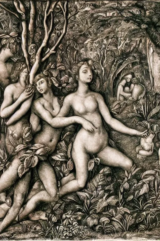 Prompt: Eden Garden, Adam and Eve, faces closeup, ultra detailed, made in silver, fruit trees, flowers on the grass, Joseph Barrias style, George Frederick Watts style