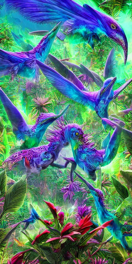Image similar to psychedelic dinosaurs, four - dimensional hummingbirds, color, consciousness, and the dazzling universe of tetrachromacy, ambient occlusion, vray render,