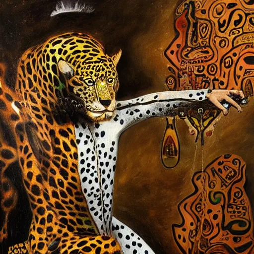 Image similar to an intricated and detailed painting of a shaman turning into a jaguar by salvador dali 4 k render