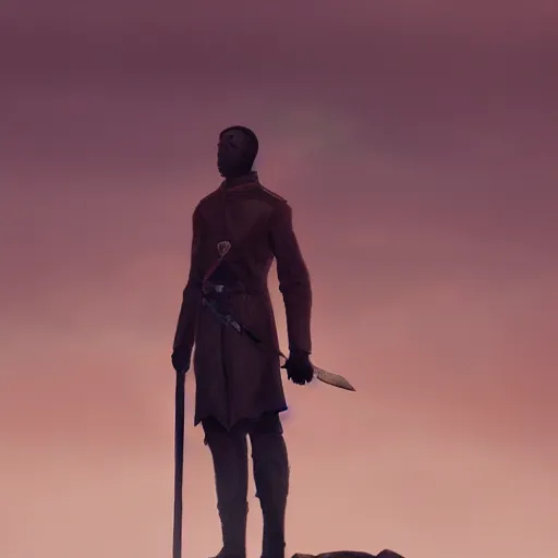 Image similar to dark-skinned man standing tall on a cliff fog clouds clothed in military uniform holding sword in the style of CASPAR DAVID FRIEDRICH techno atmosphere colourful beautiful image, brush strokes, pastel, artstation deviantart acrylic