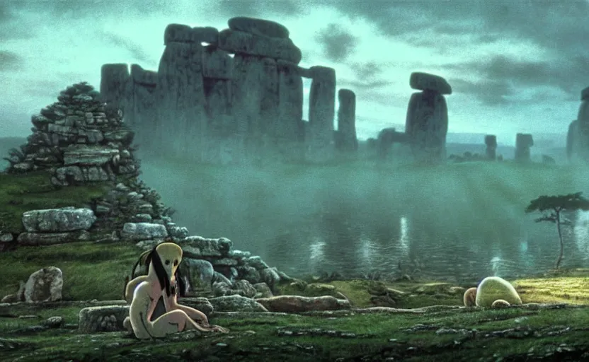 Image similar to movie still from princess mononoke ( 1 9 9 7 ) showing a highly detailed landscape with a giant long - haired buddha in lotus position with stonehenge in the background. 1 9 8 0 s science fiction, 1 9 7 0 s science fiction, cyberpunk, moody, misty, depth perception, 4 k, artstation