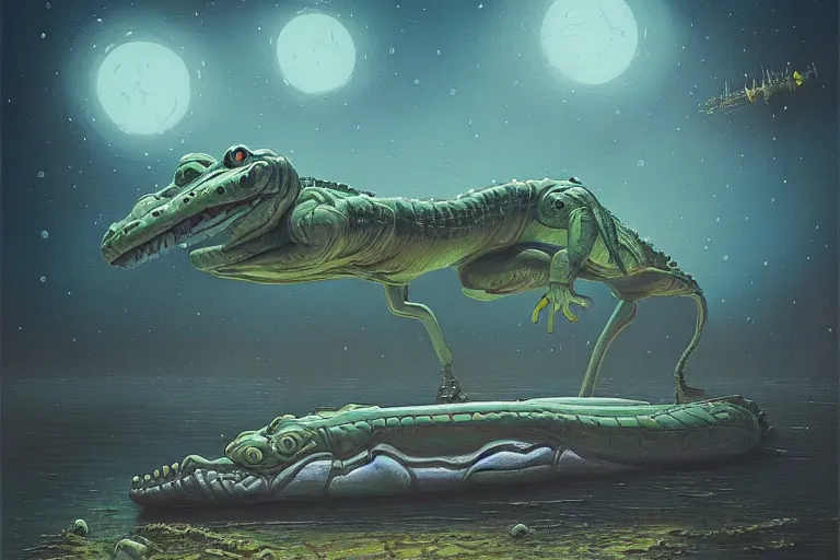 Prompt: beautiful painting of a dreamy alligator spaceship in the style of Simon Stålenhag and H. R. Giger, detailed, trending on Artstation