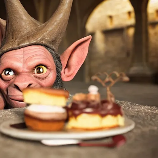 Image similar to closeup portrait of a medieval goblin eating cakes in the cloisters, depth of field, zeiss lens, detailed, symmetrical, centered, fashion photoshoot, by annie leibovitz and steve mccurry, david lazar, jimmy nelsson, breathtaking, 8 k resolution, extremely detailed, beautiful, establishing shot, artistic, hyperrealistic, beautiful face, octane render