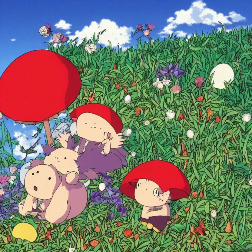 Image similar to anime by hayao miyazaki, hedgehog with purple needles hides under fly agaric from the rain