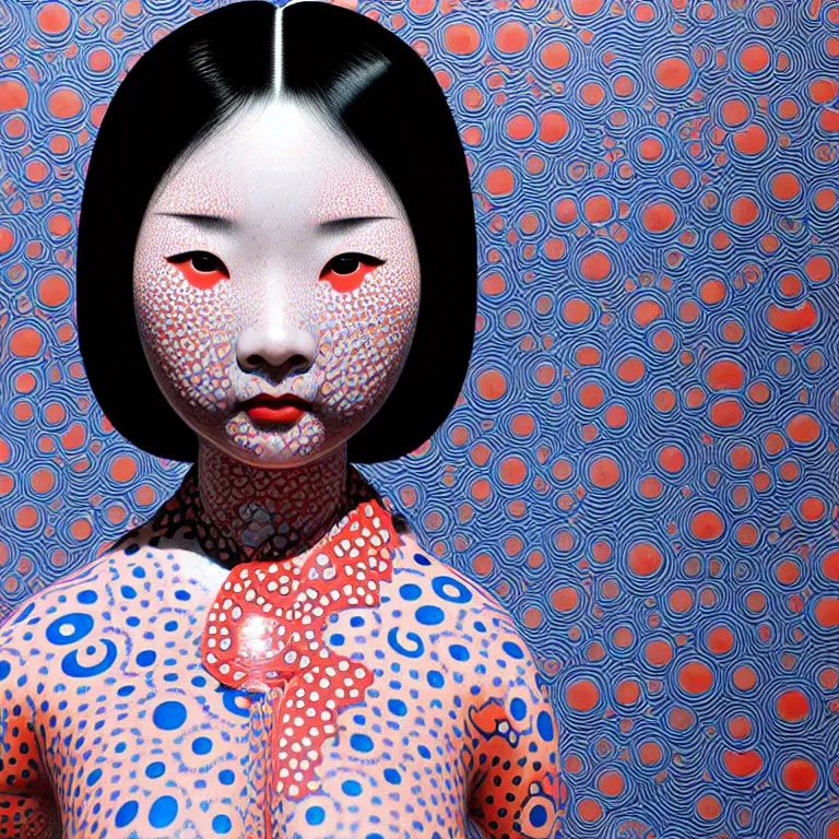 Image similar to hyperrealistic detailed image of a geisha in a art installation room, hd smooth interior by yayoi kusama, part by kei mieno, part by ross tran, dark art by james jean, ultra realistic, highly detailed, life like face, detailed body, 8 k, 3 d render by roger magrini, very cohesive, masterpiece