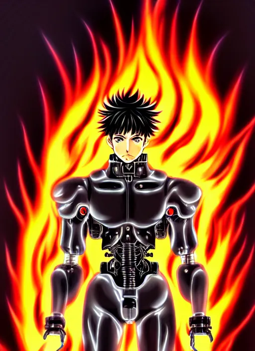 Image similar to a detailed manga full body portrait illustration of a dark haired cyborg anime man surrounded by fire by hirohiko araki, detailed artwork, realism, 4 k resolution, detailed, high quality, sharp focus, hq artwork, insane detail, volumetric lighting, character concept art, fine details, clear subject, central subject