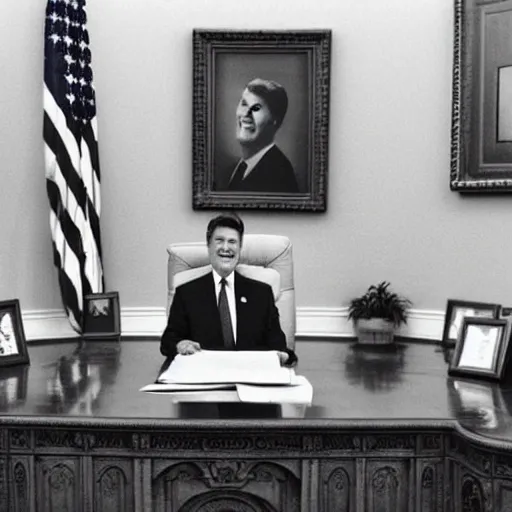 Image similar to a minion with president ronald reagan, zoom photograph, oval office,