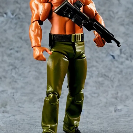 Prompt: a 12 inch action figure of Arnold Schwarzenegger from Commando. Posed. Big muscles. Holding an automatic rifle in his hands. Plastic shiny. Full body feet and head