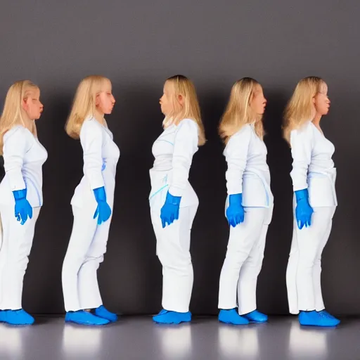 Image similar to line of six identical athletic female clones in formation, white hair, tight light blue neopren suits, elevated conveyor belt, futuristic chemistry lab, sci - fi, highly detailed, cinematic