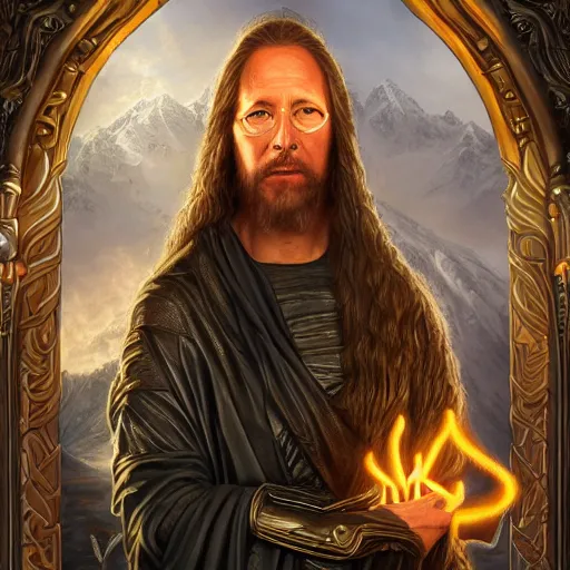 Prompt: a detailed fantasy character painting of Klaus Schwab holding a black glowing snake, devil horns, dressed like Jesus Christ, by lauri blank, artgerm, evelyn de morgan, 8K, 50mm lens