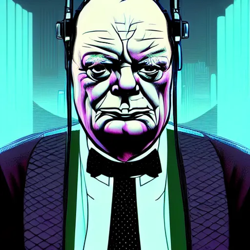 Prompt: futuristic winston churchill. A clever cyberpunk hacker, centered in the frame, cyberpunk concept art by Jean Giraud and josan gonzales, digital art, highly detailed, intricate, sci-fi, sharp focus, Trending on Artstation HQ, deviantart, 4K UHD image