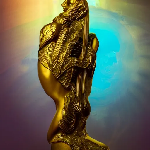 Image similar to impressionistic painting of teal chinese abstract statue shattered standing in god rays, beautiful female body and golden glue dripping acrylic portrait, mechanical superstructure, sacred geometry, supermodel body, beautiful light, statue of carving marble, intricate 8 k render, dark mood, cinematic light, golden spirals, clockwork