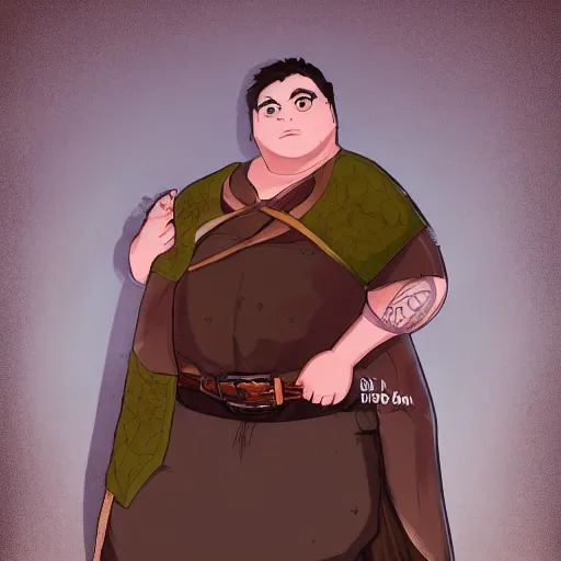 Prompt: portrait, 25 years old :: overweight fantasy mage :: green eyes, short black hair :: wearing a brown robe :: high detail, digital art, RPG, concept art, illustration