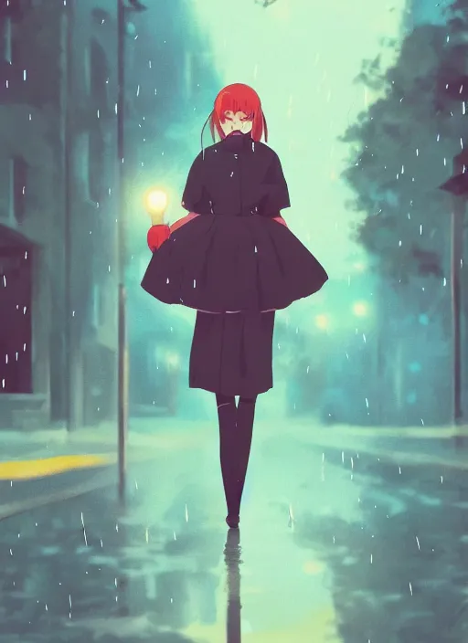 Image similar to listening to music at 2 am, night, pretty girl, pose, rain, lofi, lofi, peaceful, street light, anime key visual, poster, street wears, anime, by ghibli, ghibli studio high quality, 4 k, trending, trending on artstation