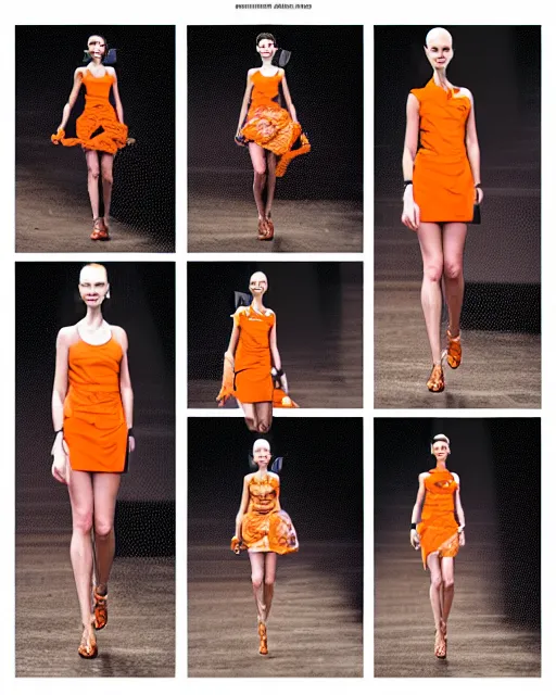 Prompt: multi panel storyboard of olivia wearing an outfit made of orange peels, runway model at new york fashion week, sporty physique, black hair, freckles, pale skin, multiple angles, photo by greg rutkowski, stage lighting, soft colors, female beauty, intricate detail, elegance, 3 5 mm, depth of field, masterpiece