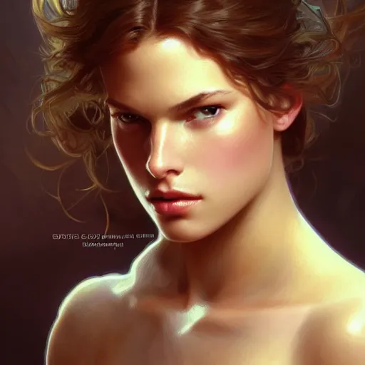 Image similar to beautiful young teen cameron russell, closeup, d & d, fantasy, intricate, elegant, highly detailed, digital painting, artstation, concept art, matte, sharp focus, illustration, art by artgerm and greg rutkowski and alphonse mucha