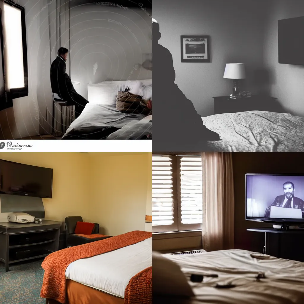 Prompt: man sitting on the bed in a dark motel room, the room is worn down, the tv is showing a police chase, there is a suitcase on the bed, it is night outside