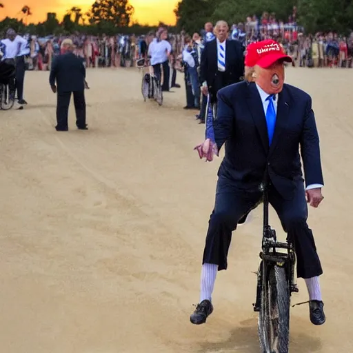 Prompt: Donald Trump riding a skippy-ball into the sunset