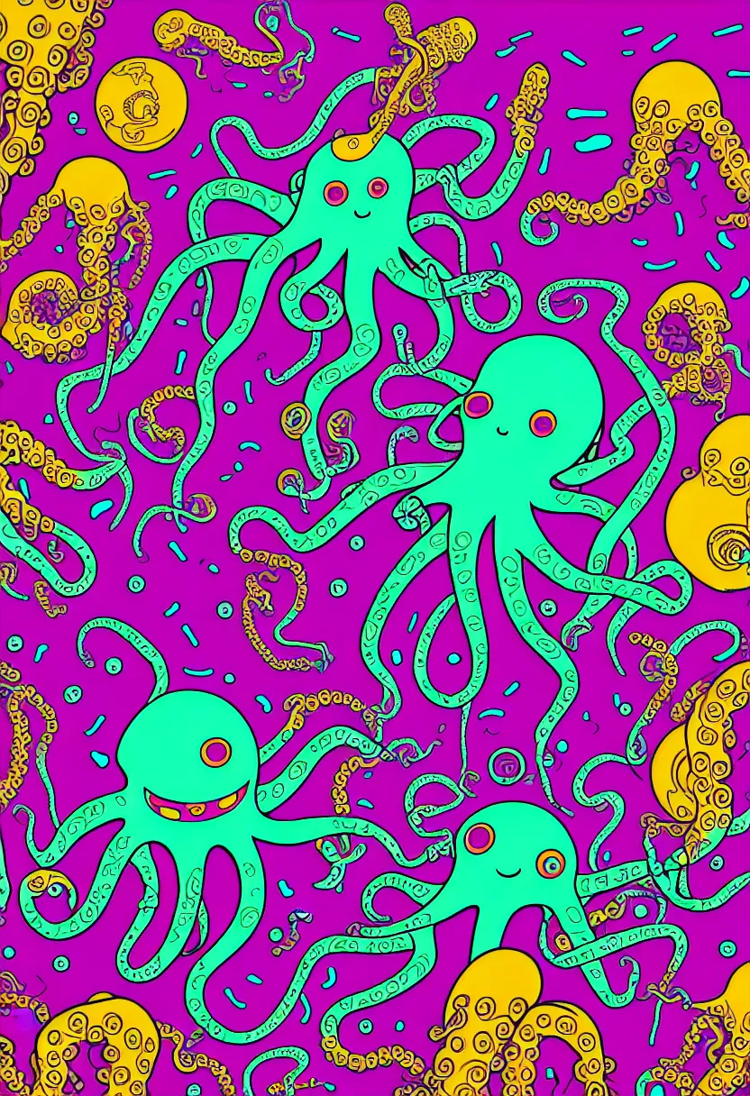 Prompt: psychedelic concert poster, robotic octopus attack, sticker design, vector art, 8k, highly detailed, intricate