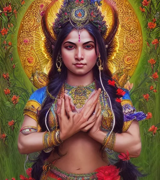 Prompt: hindu goddess im beautiful meadow of flowers, highly detailed, centered, digital painting, artstation, concept art, smooth, sharp focus, illustration, art by artgerm and donato giancola and Joseph Christian Leyendecker, Ross Tran, WLOP